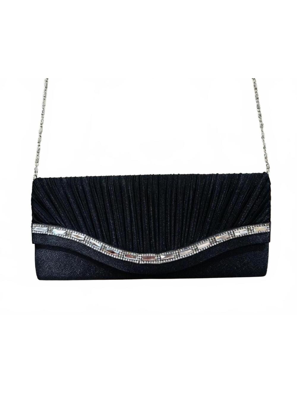 Vintage Elegant Black Evening Clutch with Silver Chain and Rhinestone Detail